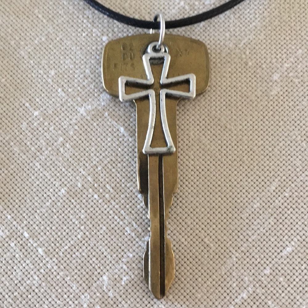 HAND CRAFTED Vintage Datsun Key Cross Charm Pendant Necklace